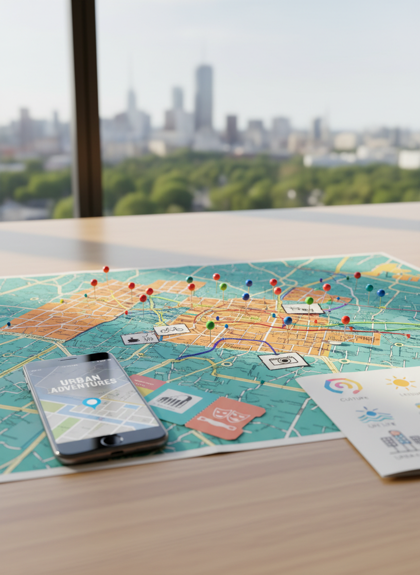 A vibrant, contemporary city map table spread across a sleek wooden desk, filled with colorful pins marking nearby local plans and experiences. Around the map lie a modern smartphone with an open location app, glossy tickets, and a folded brochure featuring abstract icons for culture, leisure, and urban activities instead of text. Soft daylight from a nearby window washes over the scene, creating gentle, realistic reflections on the phone’s glass screen. Shot from a slightly elevated angle with crisp photographic realism, the composition uses the rule of thirds to keep the map central while background elements fade into a subtle bokeh of city skyline and trees, evoking a playful, exploratory mood.