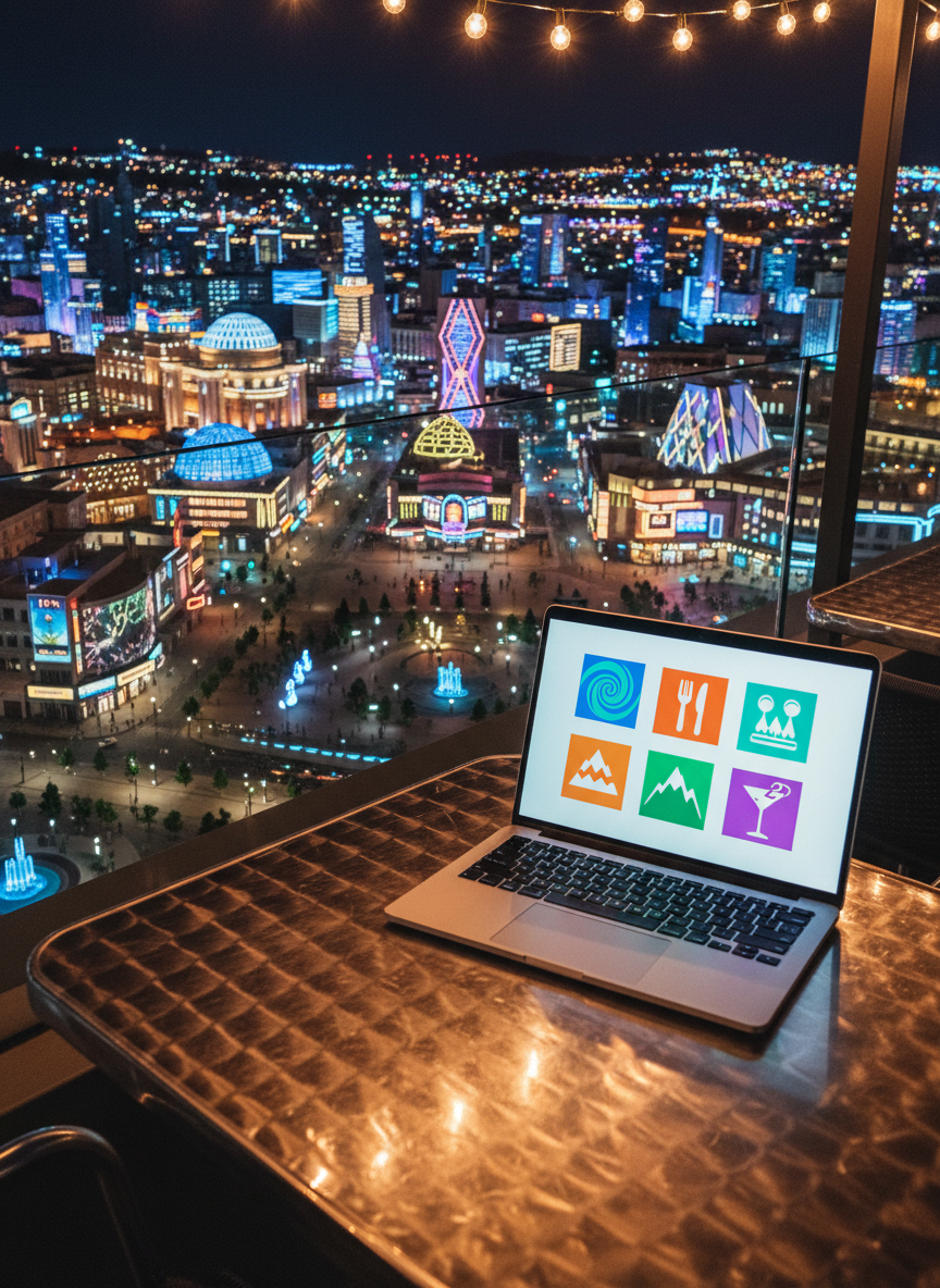 A night-time rooftop terrace scene overlooking an illuminated city filled with diverse cultural venues: glowing domes for museums, stylized theaters, and vibrant urban plazas rendered as small, detailed architectural models. In the foreground, a sleek laptop rests on a metal café table, its screen showing a colorful grid of abstract icons representing different nearby plans—food, culture, outdoor, and nightlife—without any text. Cool city lights mix with warm string lights above, producing cinematic reflections on the laptop’s metallic surface. Shot from a low, slightly diagonal angle in realistic photographic style, the composition feels dynamic and playful, celebrating urban discovery and inclusive experiences.