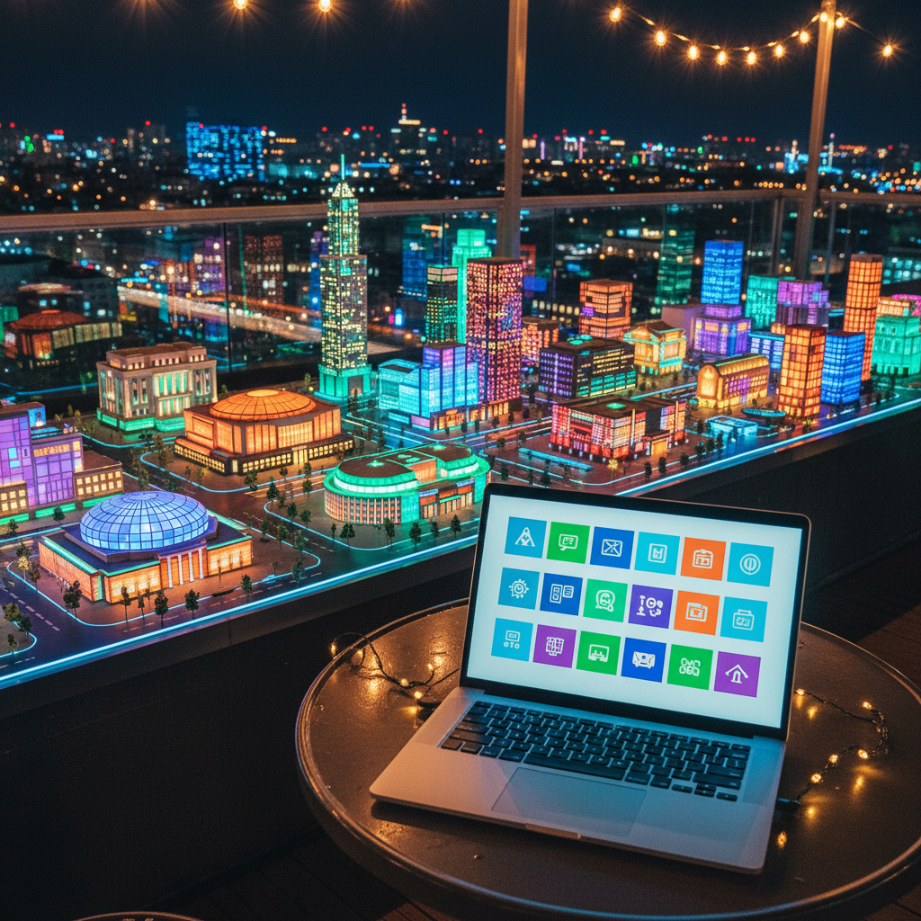 A night-time rooftop terrace scene overlooking an illuminated city filled with diverse cultural venues: glowing domes for museums, stylized theaters, and vibrant urban plazas rendered as small, detailed architectural models. In the foreground, a sleek laptop rests on a metal café table, its screen showing a colorful grid of abstract icons representing different nearby plans—food, culture, outdoor, and nightlife—without any text. Cool city lights mix with warm string lights above, producing cinematic reflections on the laptop’s metallic surface. Shot from a low, slightly diagonal angle in realistic photographic style, the composition feels dynamic and playful, celebrating urban discovery and inclusive experiences.