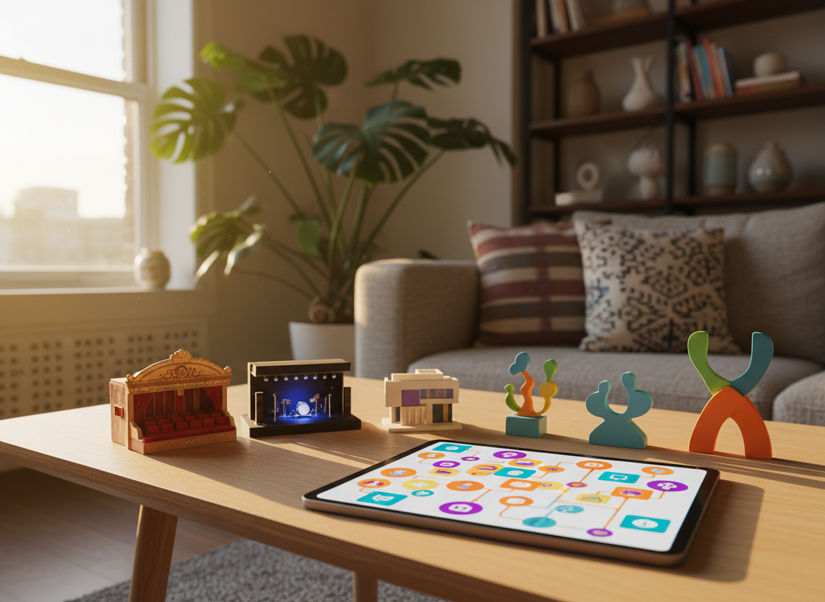 A cozy urban living room corner with a low, light-wood coffee table covered in physical tokens representing local plans: tiny model theaters, miniature concert stages, small museum facades, and colorful park sculptures. A modern tablet on the table displays a bright, map-like interface made of geometric shapes and icons, no text, showcasing nearby experiences. Late afternoon golden light streams through a large window, casting warm highlights and soft shadows on textured fabrics and plants. Captured at eye level in photographic realism, with a shallow depth of field that keeps the table in sharp focus while the room’s playful, inclusive ambiance blurs gently into the background.