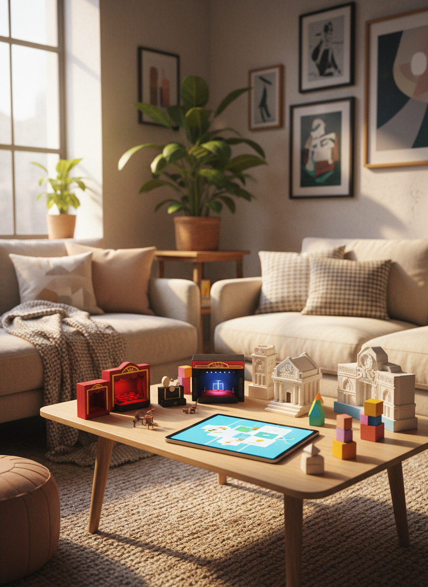 A cozy urban living room corner with a low, light-wood coffee table covered in physical tokens representing local plans: tiny model theaters, miniature concert stages, small museum facades, and colorful park sculptures. A modern tablet on the table displays a bright, map-like interface made of geometric shapes and icons, no text, showcasing nearby experiences. Late afternoon golden light streams through a large window, casting warm highlights and soft shadows on textured fabrics and plants. Captured at eye level in photographic realism, with a shallow depth of field that keeps the table in sharp focus while the room’s playful, inclusive ambiance blurs gently into the background.