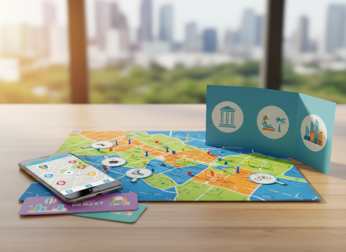 A vibrant, contemporary city map table spread across a sleek wooden desk, filled with colorful pins marking nearby local plans and experiences. Around the map lie a modern smartphone with an open location app, glossy tickets, and a folded brochure featuring abstract icons for culture, leisure, and urban activities instead of text. Soft daylight from a nearby window washes over the scene, creating gentle, realistic reflections on the phone’s glass screen. Shot from a slightly elevated angle with crisp photographic realism, the composition uses the rule of thirds to keep the map central while background elements fade into a subtle bokeh of city skyline and trees, evoking a playful, exploratory mood.