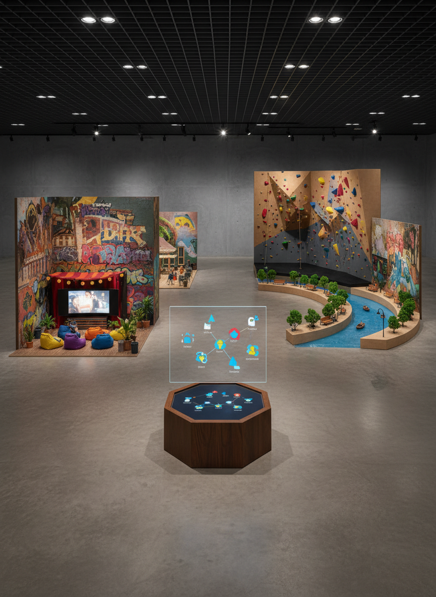 A modern cultural hub interior with an open floor showcasing miniature scenes of urban activities: a tiny open-air cinema, a stylized street art alley, a compact indoor climbing wall, and a small riverside promenade, all crafted with rich textures and vibrant colors. In the center, a floating transparent digital panel appears above a dark wooden pedestal, glowing with multi-colored geometric icons representing nearby plans and local experiences. Diffused overhead lighting provides even illumination, while accent spotlights create subtle highlights on each miniature scene. Photographed with sharp focus throughout and a slightly elevated angle, the atmosphere is playful, curious, and welcoming, ideal for a technology platform about local leisure and culture.