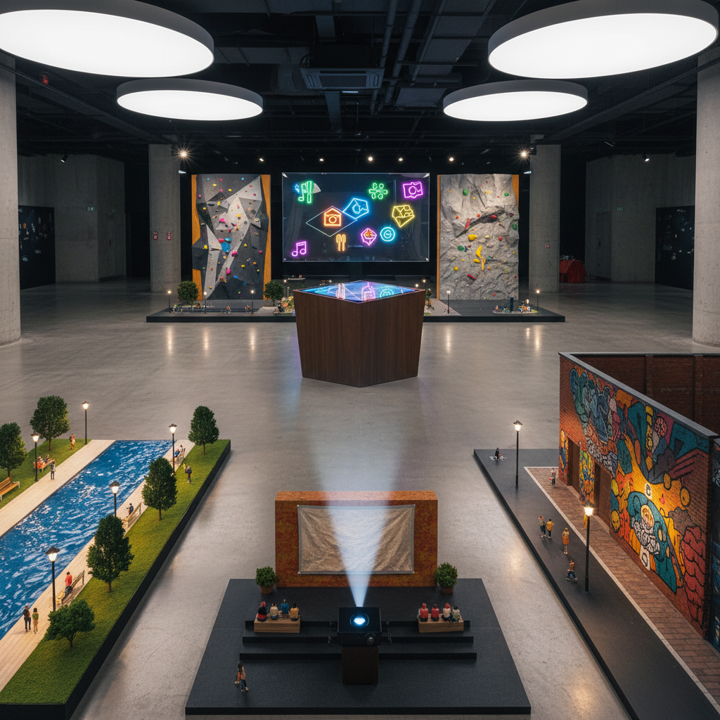 A modern cultural hub interior with an open floor showcasing miniature scenes of urban activities: a tiny open-air cinema, a stylized street art alley, a compact indoor climbing wall, and a small riverside promenade, all crafted with rich textures and vibrant colors. In the center, a floating transparent digital panel appears above a dark wooden pedestal, glowing with multi-colored geometric icons representing nearby plans and local experiences. Diffused overhead lighting provides even illumination, while accent spotlights create subtle highlights on each miniature scene. Photographed with sharp focus throughout and a slightly elevated angle, the atmosphere is playful, curious, and welcoming, ideal for a technology platform about local leisure and culture.
