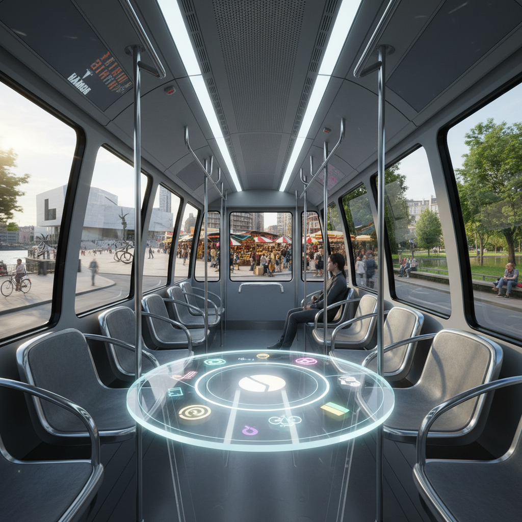 The interior of a sleek, futuristic tram moving through a modern city, with large panoramic windows showcasing varied local experiences outside: a riverside walkway, a contemporary art museum, a lively market square, and a tranquil urban park. On a central glass panel inside the tram, a holographic, map-like interface glows with playful, multi-colored icons indicating nearby plans and activities, free of any text. Soft overhead lighting blends with the cool daylight from outside, creating realistic reflections on metal poles and seats. Captured at eye level with moderate depth of field, the mood is dynamic and optimistic, presenting technology as a friendly companion for discovering local urban culture and leisure.