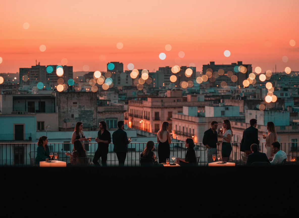 Terraza en una azotea de Cartagena al atardecer con luces cálidas y ambiente joven
